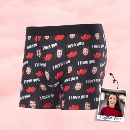 Custom Love Message Boxers - Personalized 'I Love You' Face Boxers - Romantic Gift Boxers for Men - Heart Print Custom Underwear