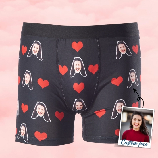 Romantic Custom Face Boxers - Personalized Heart Print Underwear - Valentine’s Day Gift Boxers for Men - Love Theme Boxer Shorts