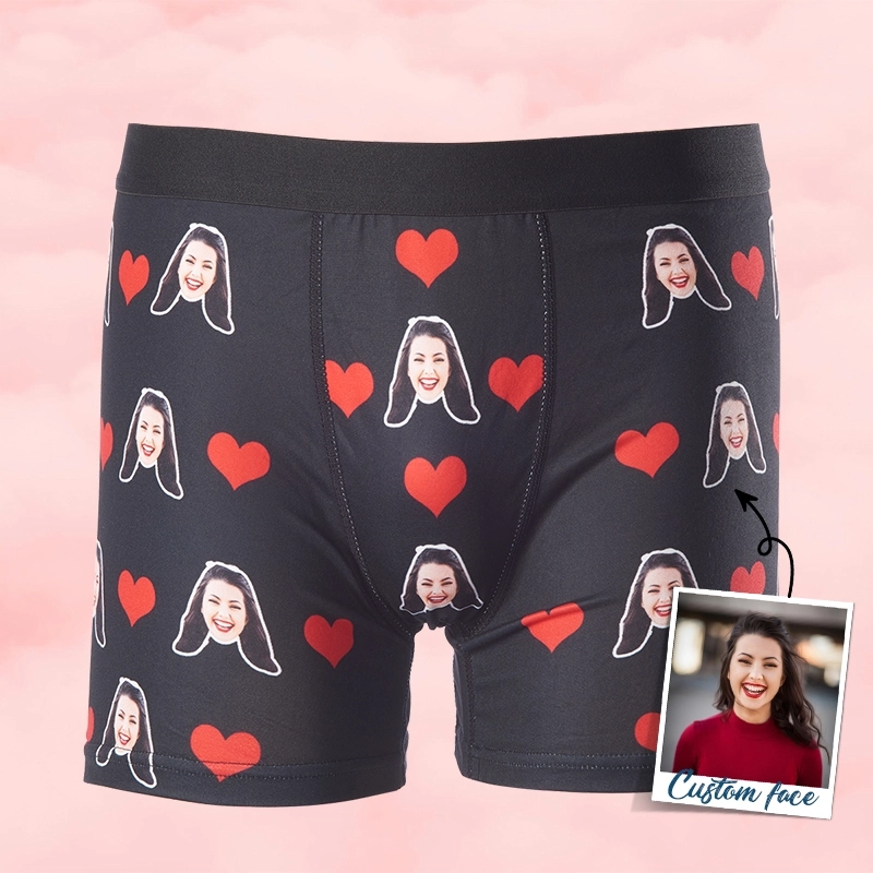 Romantic Custom Face Boxers - Personalized Heart Print Underwear - Valentine’s Day Gift Boxers for Men - Love Theme Boxer Shorts
