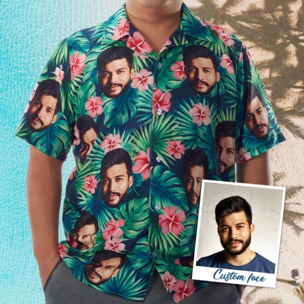 Custom Hawaiian Shirts with Face - Customized Leaves & Flowers Hawaiian Shirt - Personalized Summer Beachwear for Men and Women