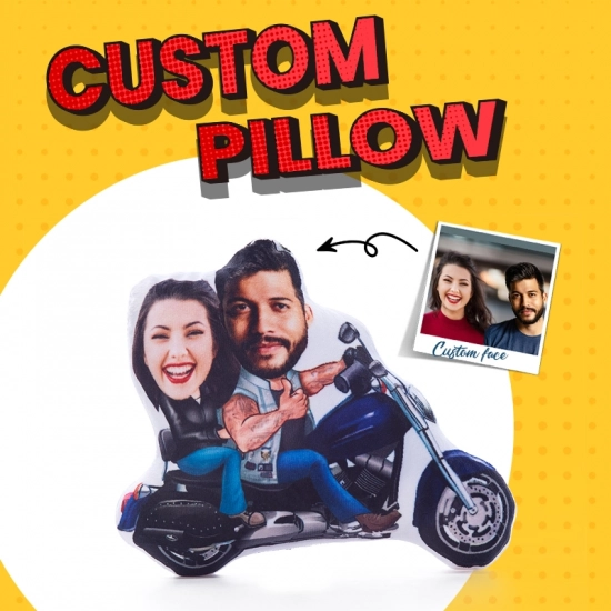 Personalized Biker Pillow - Custom Motorcycle Couple Plush - Unique Rider Gift - Couple Face Pillow for Special Occasions